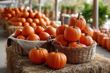 Autumn harvest featuring pumpkins displayed in baskets at a farm market during fall season
