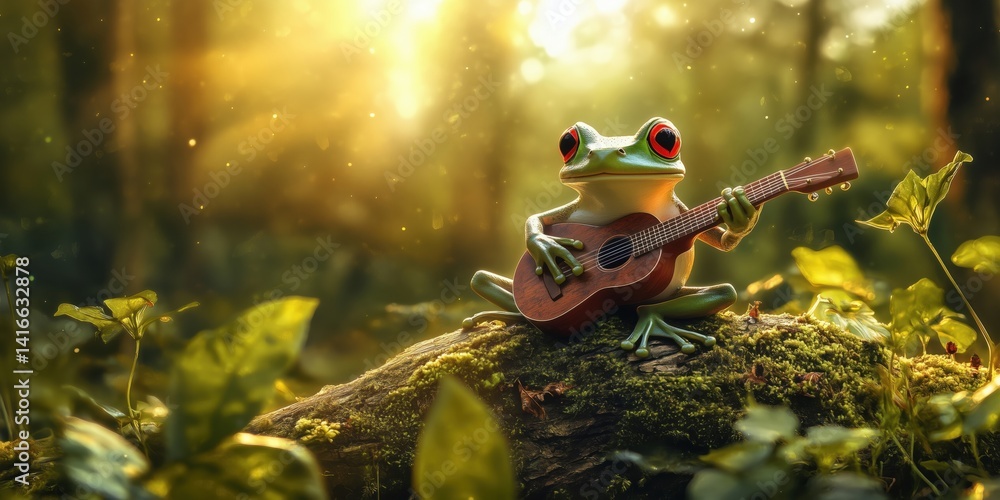Poster frog playing guitar in enchanting forest setting with sunlight filtering through trees