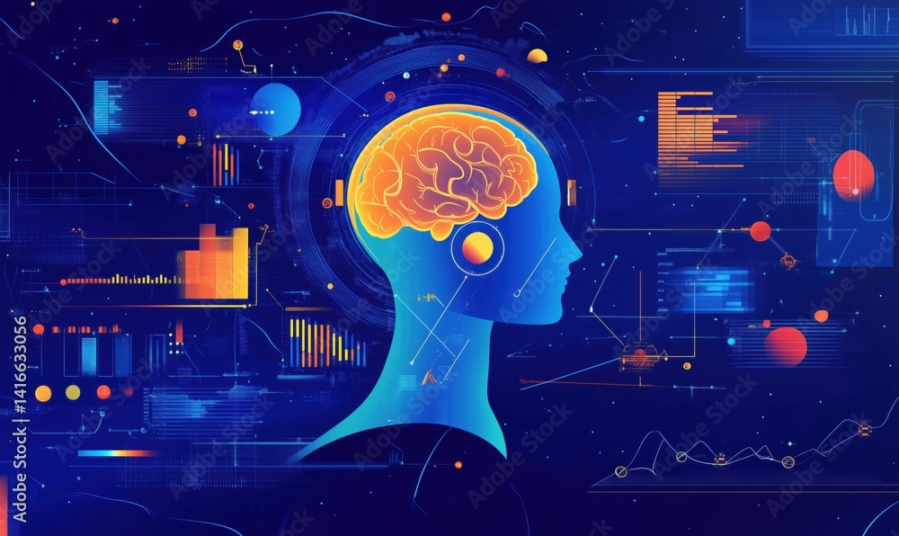 Poster artificial intelligence concept with brain and data visualization in digital environment
