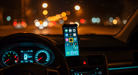 Car Dashboard View at Night with Illuminated Instrument Panel and Smartphone on Mount With Blurred City Lights