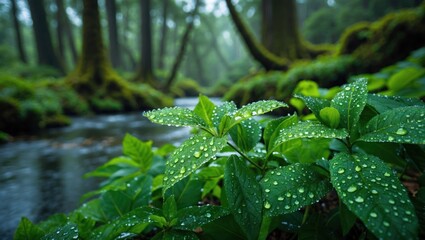 Raindrops on Green Leaves by Stream in Lush Forest Setting