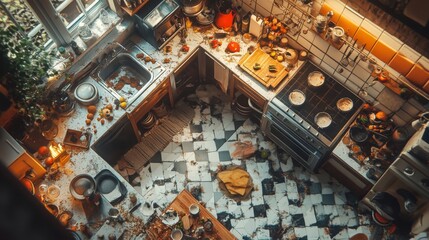 Obraz premium Messy Kitchen with Spilled Food and Dirty Dishes