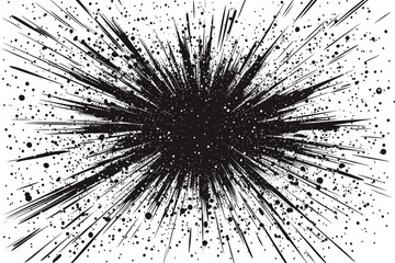 Abstract black and white burst, radiating lines and dots