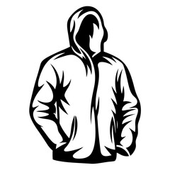 Stylized black and white vector graphic of a person in a hoodie