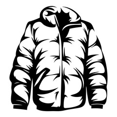 Monochrome vector illustration of a down winter coat with a hood.