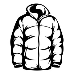 Monochrome illustration of a hooded winter coat with segmented puffy design