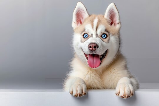 A husky dog with blue eyes peeking over a white wall