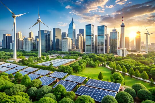 Sustainable City: A vibrant cityscape seamlessly merges with eco-friendly elements, showcasing solar panels and wind turbines. Embracing the beauty of the environment.