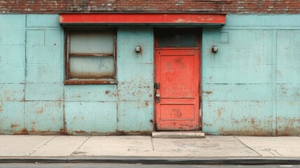 Red Door on Weathered Blue Building Facade