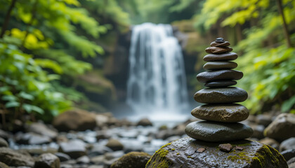 Serene Stacked Stones Before a Blurred Waterfall