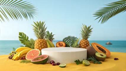 Tropical fruit and plants displayed on yellow sand with a blank plaster platform in the center, set against a blue sky and sea background. (Podium)