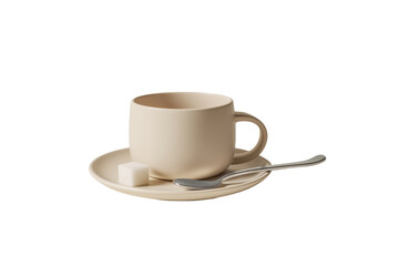Obraz premium Beigefarbene Kaffeetasse mit Untertasse, Löffel und Zuckerwürfel PNG mit transparentem Hintergrund