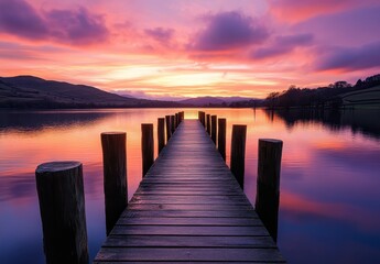 Obraz premium Serene Sunset Over Tranquil Lake with Wooden Jetty and Colorful Sky Reflected on Water Surface in Scenic Nature Landscape
