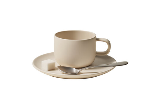 Beigefarbene Kaffeetasse mit Untertasse, L&ouml;ffel und Zuckerw&uuml;rfel PNG mit transparentem Hintergrund

