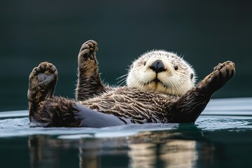 A playful sea otter floating on its back, its paws reaching up towards the sky