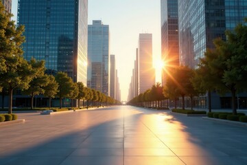 Empty plaza, sun rises over glass towers; clean lines & shadows , concrete, downtown, sunrise