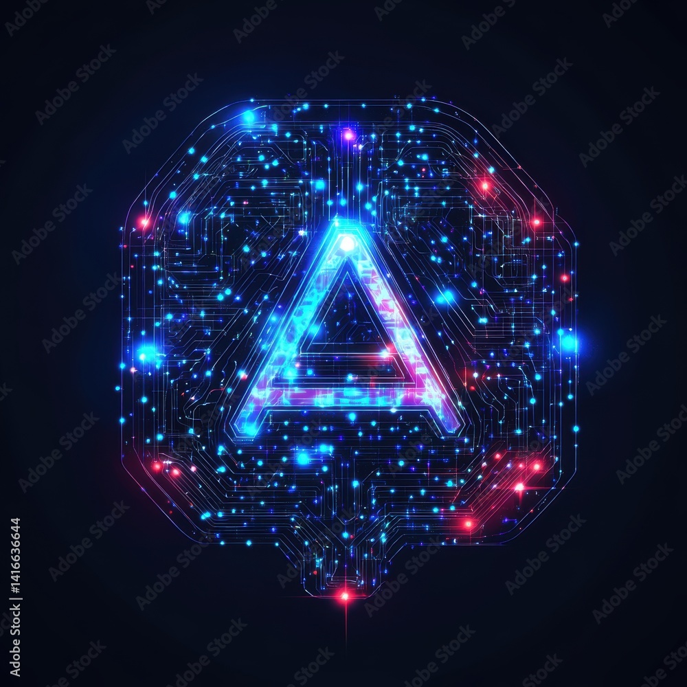 Poster abstract ai logo design featuring a network of circuits and glowing triangle symbol on dark backgrou