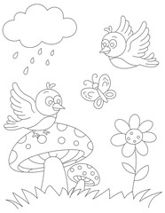 Whimsical nature colouring page with cartoon birds, mushroom, flower, butterfly, and cloud in playful line art style