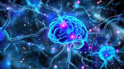 Fototapeta premium a vibrant visualization of human brain neurons firing electrical impulses a complex network of cells and their interconnected axons suggesting intelligent thought processes neuroscience