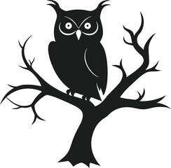 Dark Forest Owl on Branch Minimalist Vector