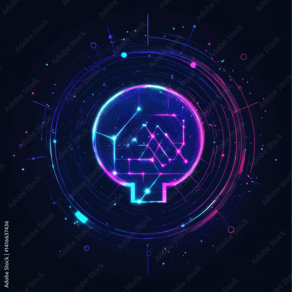 Poster artificial intelligence concept with lightbulb shape and futuristic glowing circuitry on dark backgr