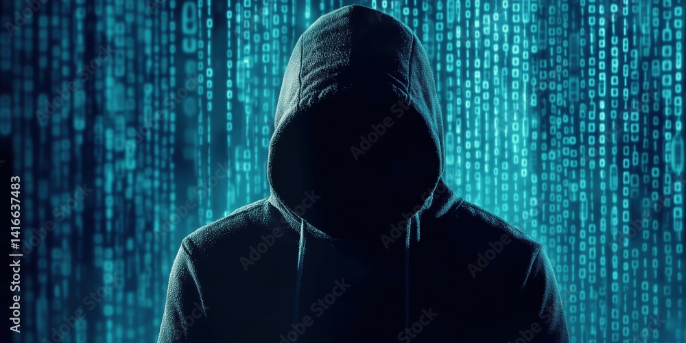 Poster mysterious figure in hoodie against digital binary code background representing cybercrime