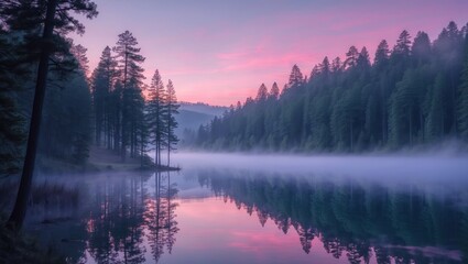 Fototapeta premium Still Lake Reflecting Forest and Pink Sky at Early Morning