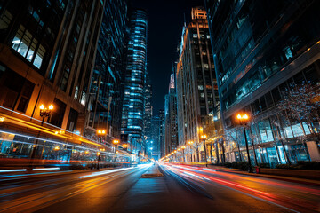 Obraz premium Night Cityscape with Illuminated Skyscrapers and Streets