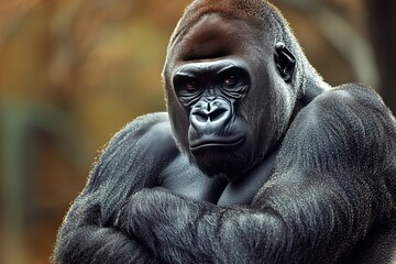 Obraz premium A powerful gorilla, its muscular arms crossed, exuding strength and wisdom