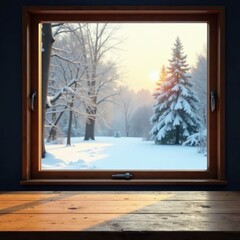 Empty wooden table, winter scene through window, winter, window