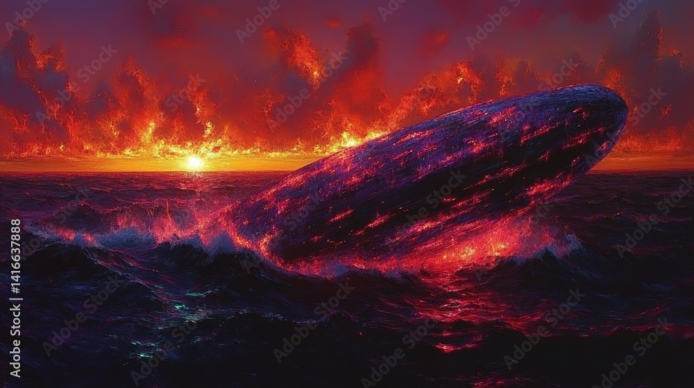 Poster blazing leviathan emerging from infernal waves digital art of a mythical creature set against a volc