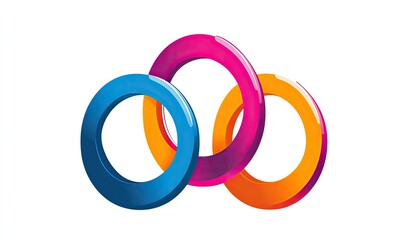 Three interconnected glossy rings in vibrant blue, orange, and pink hues, symbolizing connection and unity