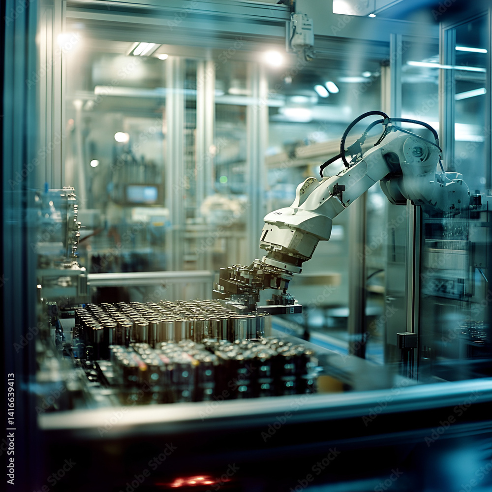 Poster robotic arm assembling components high-tech factory industrial process modern environment close-up a
