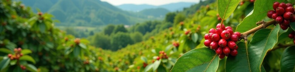 Ethiopian highlands coffee harvest; vibrant red berries, lush green plantation, beans, industry, work