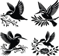 Four Elegant Black and White Kingfisher Bird Silhouettes on Branches