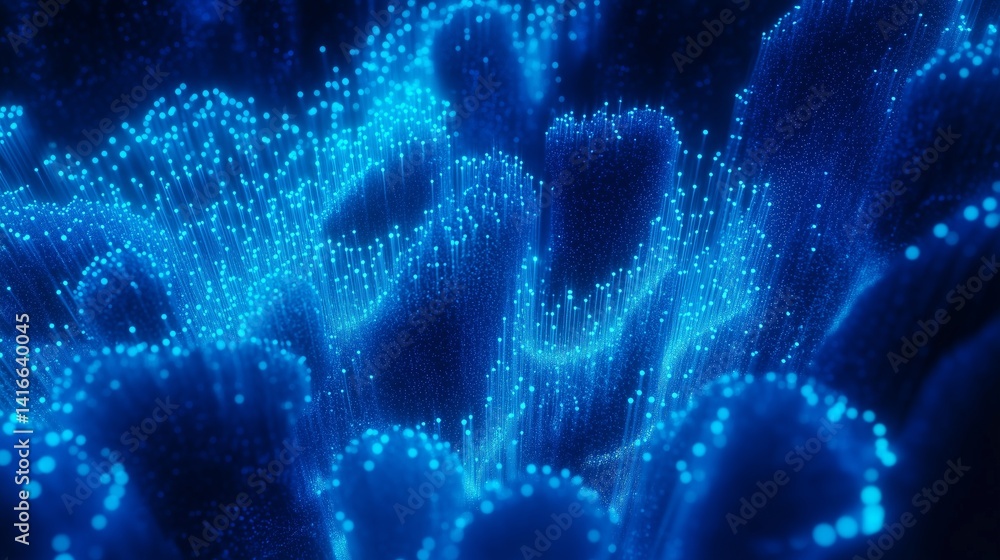 Poster 3d rendering. Abstract blue background of points. Cyber particles. Big data stream. Abstract technology stream background. Digital dynamic wave of dots. Network connection structure. Futuristic.