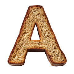 Top view of a 3D letter A made of bread, isolated on a white transparent background