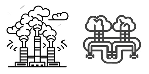 Industrial pollution illustrated with smokestacks emitting clouds, showcasing environmental concerns and energy production in a stylized graphic isolated on white or transparent png