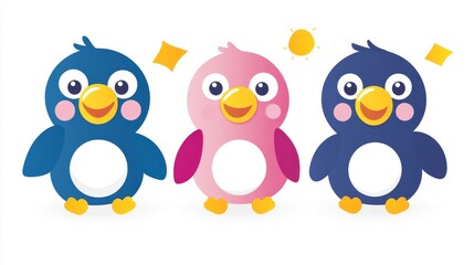 Obraz premium Charming pixelated penguin trio with vibrant confetti a whimsical design perfect for children's decor or festive themed crafting projects evoking joy