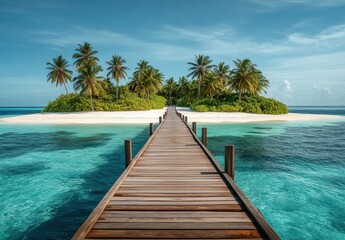 Fototapeta premium Serene Tropical Island with Wooden Jetty Leading to the Clear Turquoise Waters and Lush Palm Trees Under a Bright Blue Sky