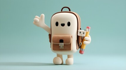 3D school bag character waving and holding a tiny pencil buddy