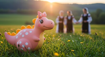 Pink Dinosaur Toy in Meadow with Children at Sunset