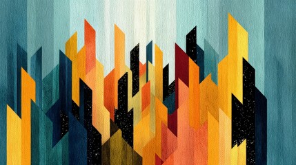 Abstract Geometric Cityscape  Orange  Blue  Gold Hues  Pixel Art  Night Sky