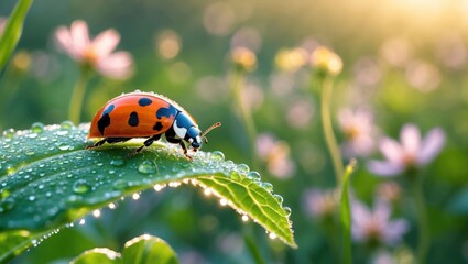 Ladybug Sitting on Leaf with Water Droplets in a Meadow