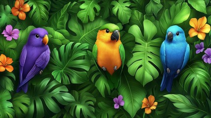 Tropical avian trio amidst lush rainforest foliage vibrant botanical display exotic avifauna vibrant plumage nature digital render artistic illustration
