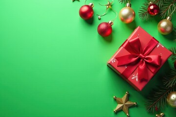 Festive Christmas flatlay Gift with ribbon, ornaments on green Empty space , flatlay, blue, xmas