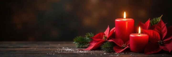 Festive red candles & poinsettias, Xmas decor, interior, holly