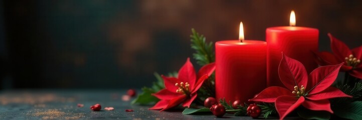 Festive red candles & poinsettias, Xmas decor, berries, interior