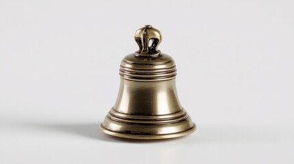 Small brass bell with ornate top, isolated on white.