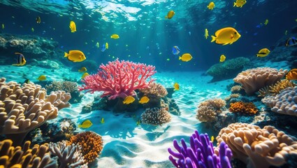 Obraz premium Colorful Coral Reef Scene with Fish and Sunlight Underwater View